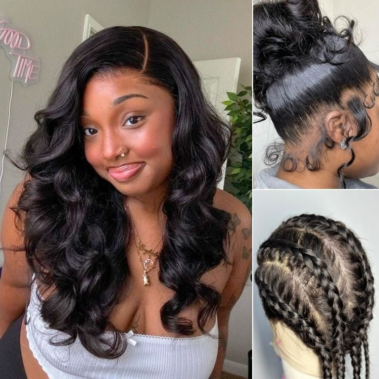 Luvme full lace wig with natural black body wave and straight styles, featuring free parting and half up half down hairstyle.