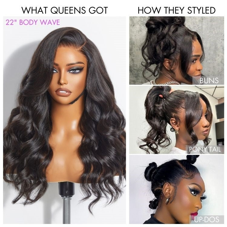 Luvme full lace wig with black body wave and straight styles, featuring free parting and half up half down hair arrangement