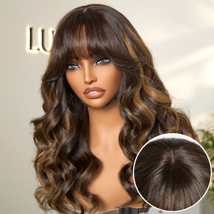 True Scalp Blonde Highlight Loose Wave Glueless Minimalist Lace Wig with Bangs-07