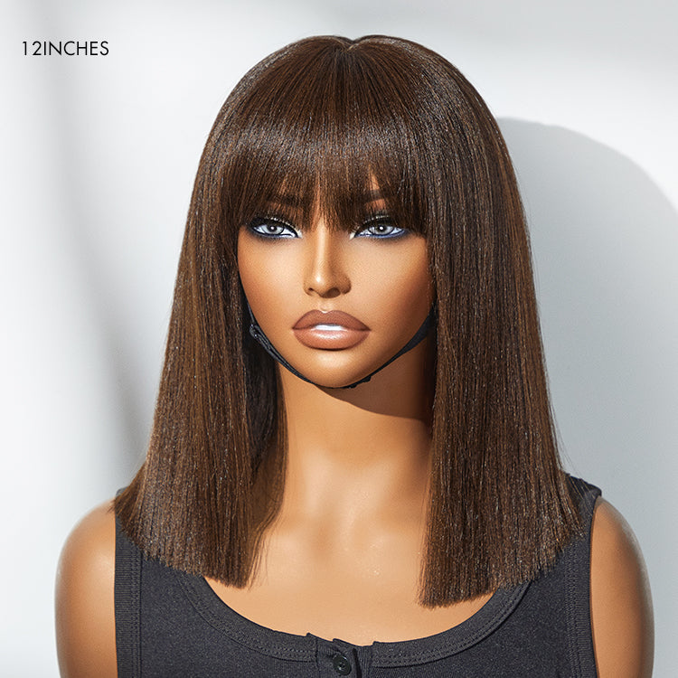 Beginner Friendly Breathable Cap Yaki Blunt Cut Minimalist Lace Brown Bob Wig with Bangs - US Only-07