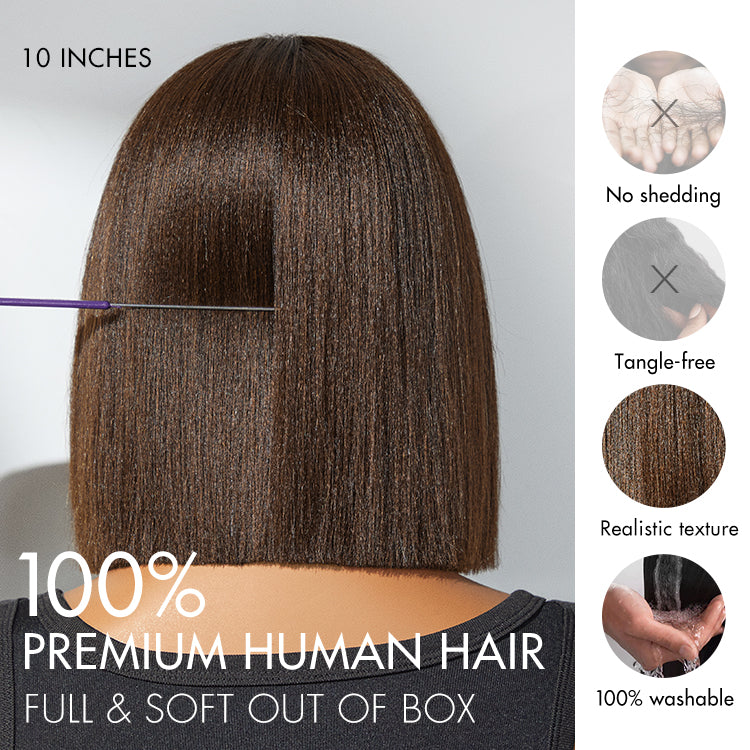 Beginner Friendly Breathable Cap Yaki Blunt Cut Minimalist Lace Brown Bob Wig with Bangs - US Only-06