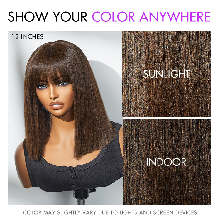 Beginner Friendly Breathable Cap Yaki Blunt Cut Minimalist Lace Brown Bob Wig with Bangs - US Only-05