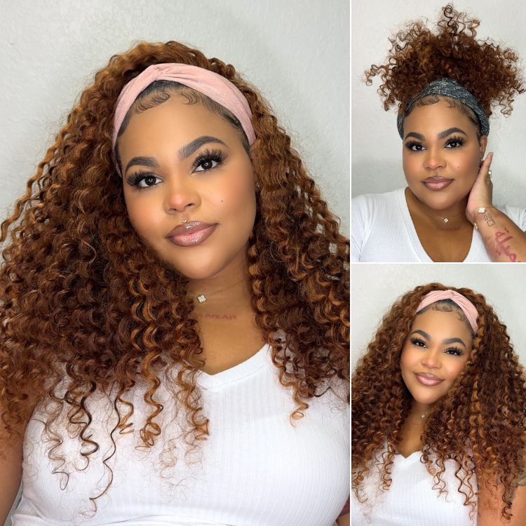 Throw On & Go Classic Style Blonde Highlight Deep Wave Glueless Headband Wig  - US Only-05