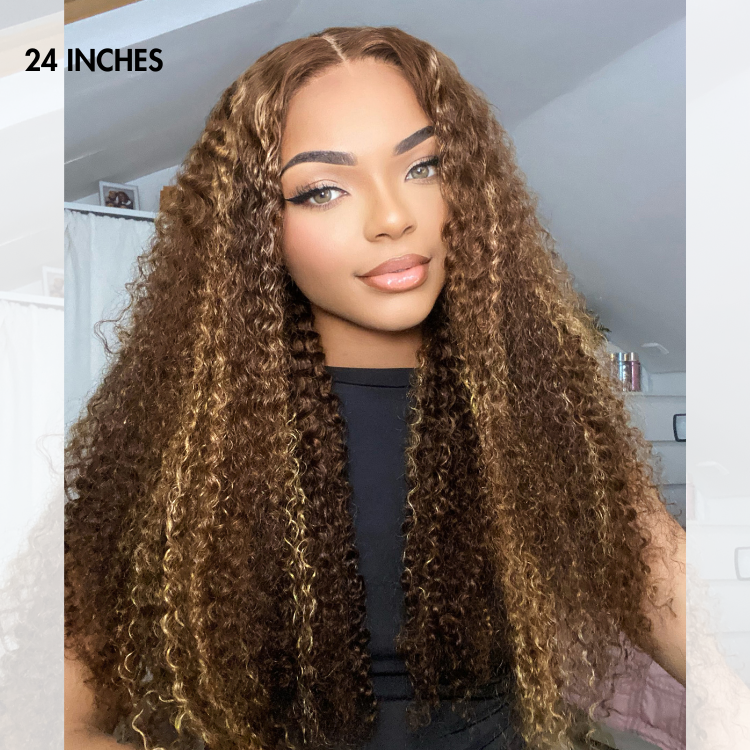 Weekly Special | Honey Blonde Highlight Kinky Curly Glueless 5x5 Closure HD Lace Wig Breathable Cap-05