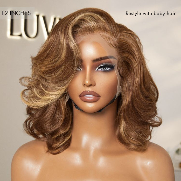 PreMax Wigs - Honey Brown with Blonde Highlights / Natural Black Bouncy Body Wave Glueless 13x4 Frontal Lace Human Hair Wig-18
