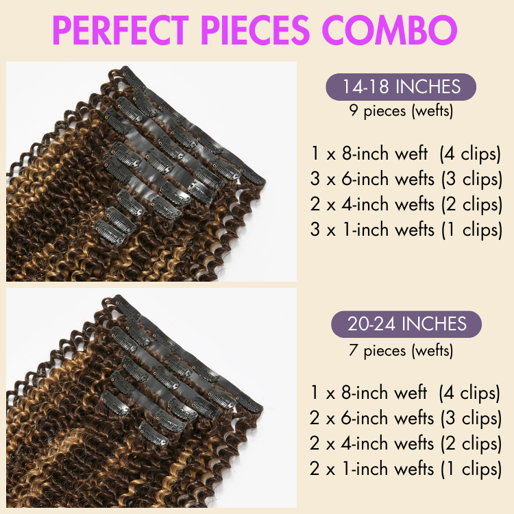 Seamless Brown Highlights Kinky Curly Clip in Hair Extensions 135g 9pcs / 7pcs with Free Gift-05