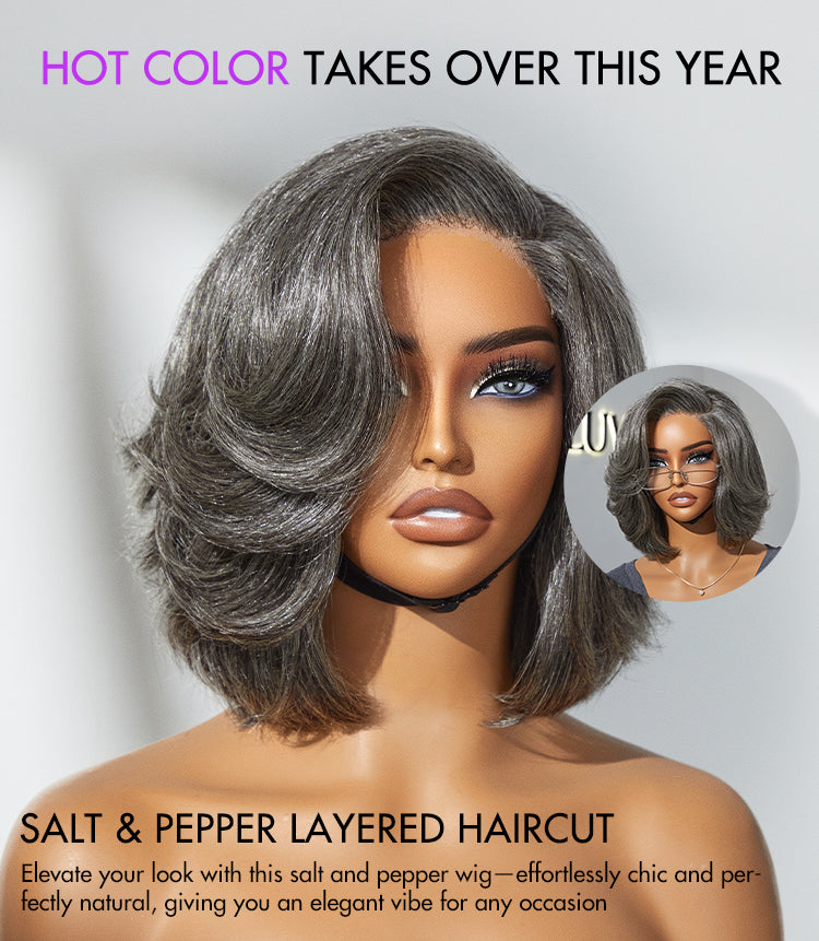 Crazy Wednesday | Boss Vibe Salt & Pepper Layered Bob / Body Wave Glueless Pre-Cut Minimalist Lace Grey Wig-13