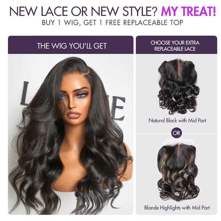 ZIP & GO WIGS | Natural Black Loose Body Wave Glueless 7x6 Closure HD Lace Wig Buy 1 Get 1 Free Replaceable Top-06