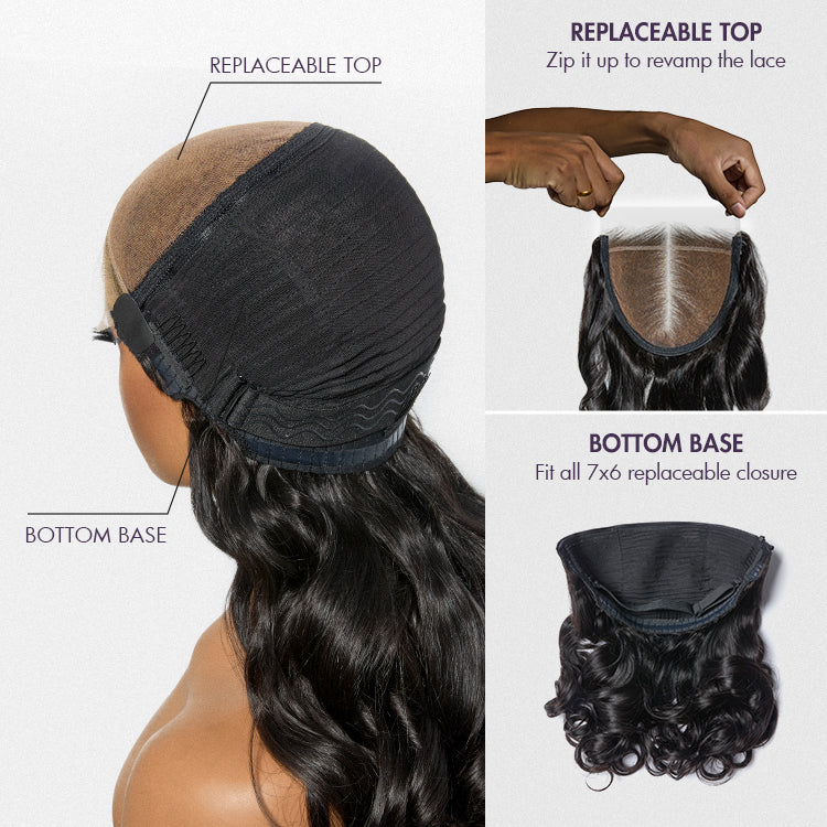 Luvme Hair ZIP & GO WIGS natural black loose body wave HD lace wig with 7x6 closure and replaceable top, glueless installation
