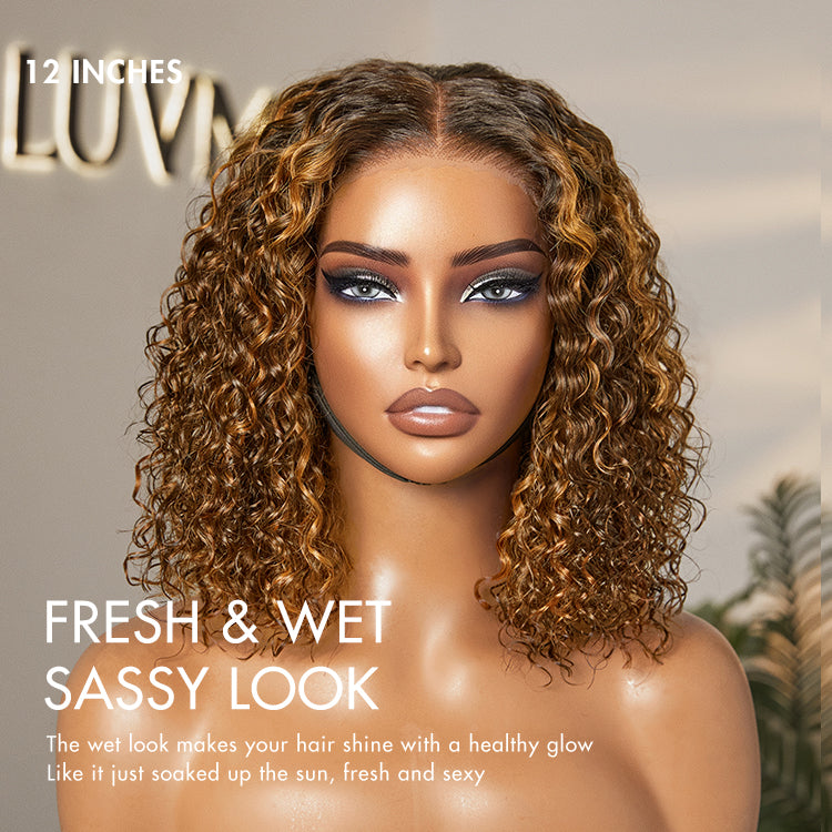 Luvme Hair warm caramel brown and natural black deep curly glueless 5x5 closure lace wig on a mannequin head.
