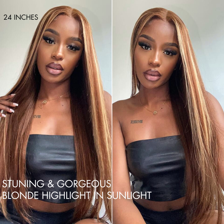 Luvme Hair 180% Density Honey Blonde Highlight Silky Straight Glueless 5x5 Closure HD Lace Long Wig-12