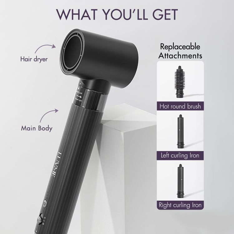 Luvme Hair 4-in-1 styling hair dryer set with US plug, featuring multiple attachments for versatile hair styling.