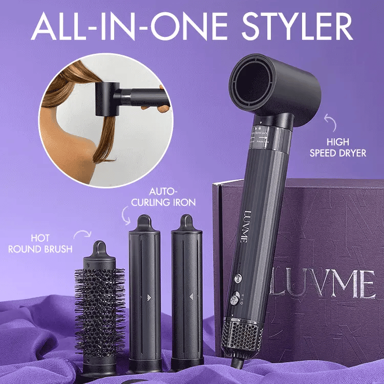 Luvme Hair 4-in-1 styling hair dryer set with US plug, showing multiple attachments for versatile hair styling.
