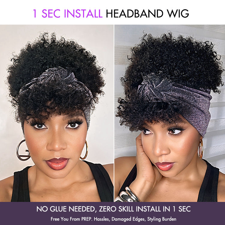 Special Deal | Throw On & Go Glueless Afro Headband Short Curly Wig with Detachable Bangs-03