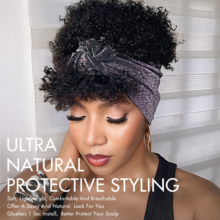 Special Deal | Throw On & Go Glueless Afro Headband Short Curly Wig with Detachable Bangs-02