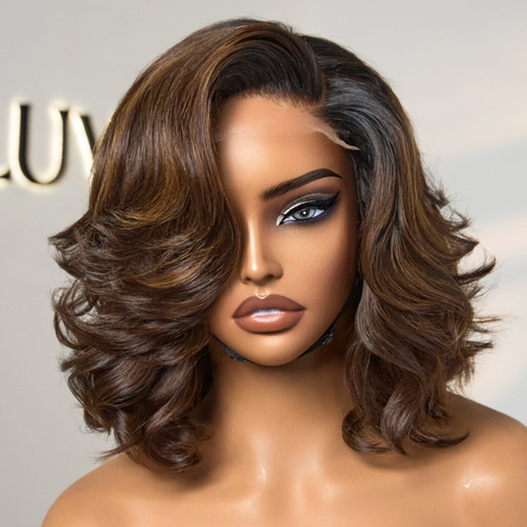 Ombre Brown Butterfly Layers Loose Wave Glueless Minimalist HD Lace Short Wig Easy to Wear - US Only-06