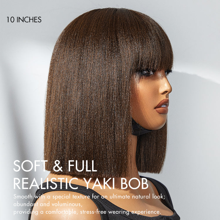 Beginner Friendly Breathable Cap Yaki Blunt Cut Minimalist Lace Brown Bob Wig with Bangs - US Only-04
