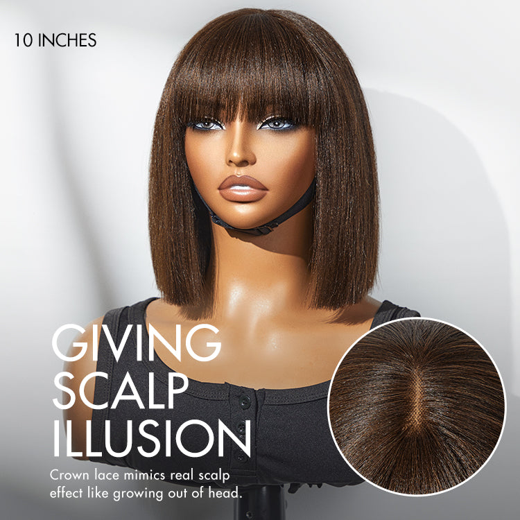 Beginner Friendly Breathable Cap Yaki Blunt Cut Minimalist Lace Brown Bob Wig with Bangs - US Only-03