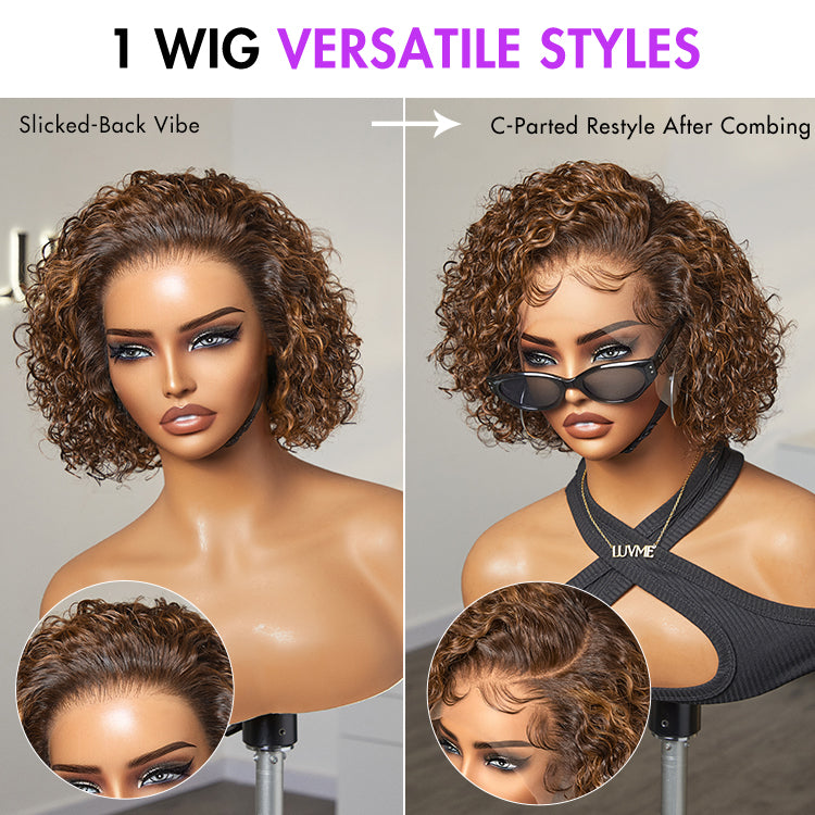 Brown Highlight / Jet Black Short Cut Slicked Back Curly Ear-to-ear Wide T Lace Wig-12
