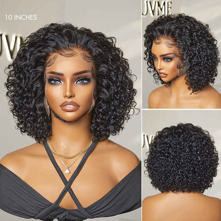 Luvme Hair short curly lace wig in brown highlight and jet black, slicked back style with ear-to-ear wide T lace for a natural look.