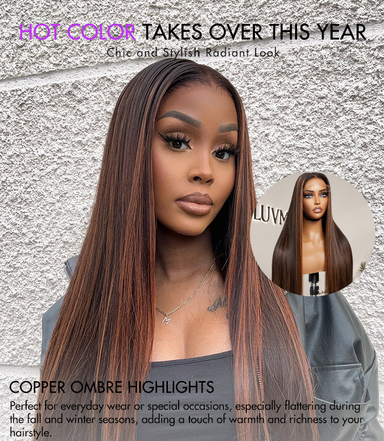 Classic Copper Ombre Highlights Silky Straight Glueless 5x5 Closure Lace Wig - US Only-01
