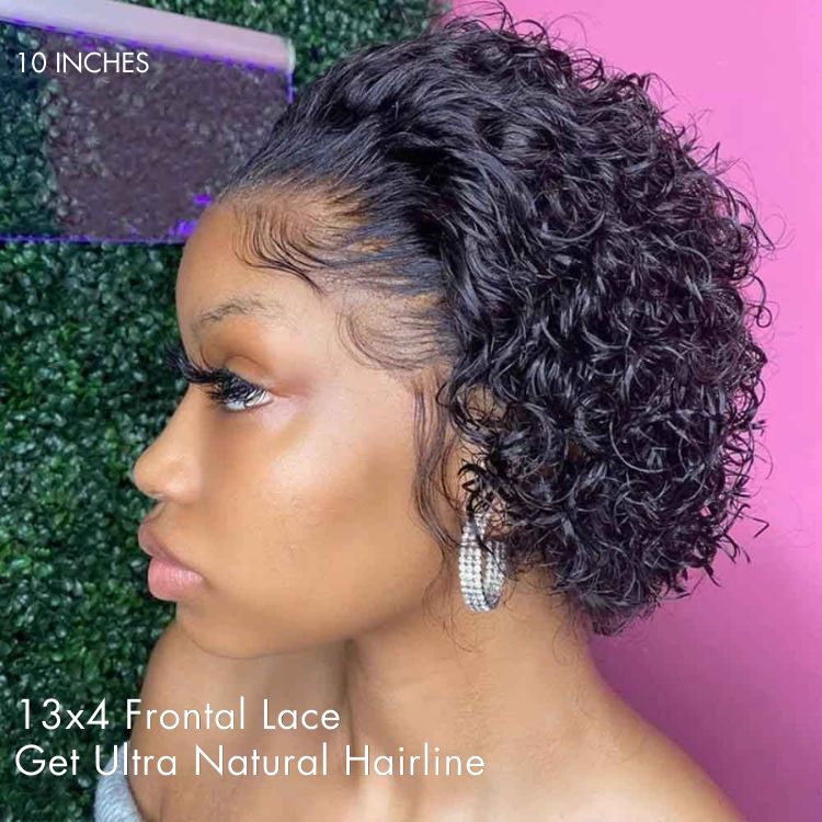 Luvme 13x4 frontal lace wig with deep wave hairstyle, 180% density, glueless design, natural hairline and scalp appearance.