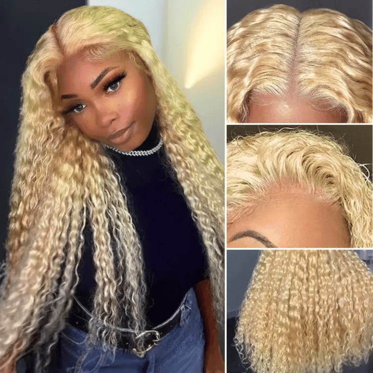 Golden blonde 613 water wave glueless 5x5 closure wig with invisible HD lace and long curly human hair, styled with natural waves.