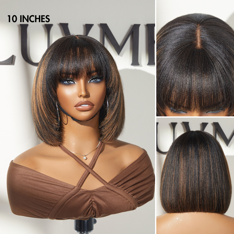 Tiktok Exclusive Deal | Put On and Go Reddish Purple / Brown Highlight / Natural Black Layered Cut Yaki Straight Minimalist Lace Bob Wig with Bangs-06