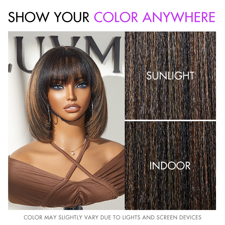 Luvme layered bob wig with brown highlights and black natural hair, featuring bangs and straight yaki texture on a minimalist lace cap.
