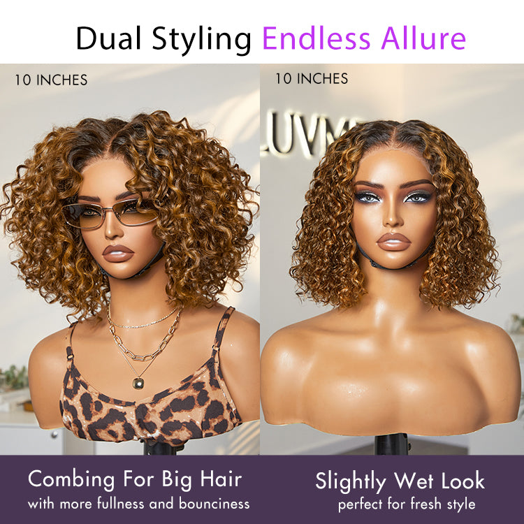Luvme Hair warm caramel brown and natural black deep curly glueless 5x5 lace closure wig with pre-cut lace.