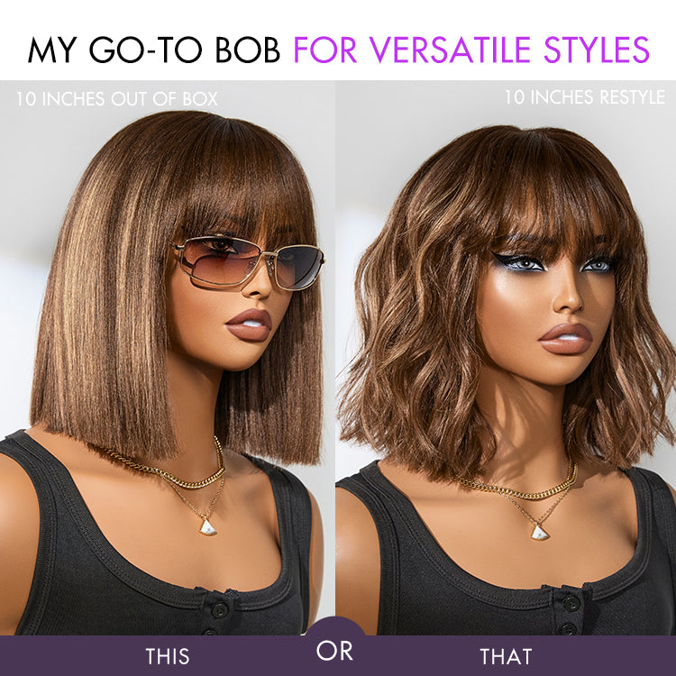 Luvme glueless Yaki straight bob lace wig with bangs, realistic 100% human hair, easy to put on and go, minimalist style.