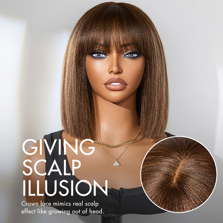 Luvme glueless Yaki straight bob lace wig with bangs, realistic 100% human hair, easy to wear, minimalist design.