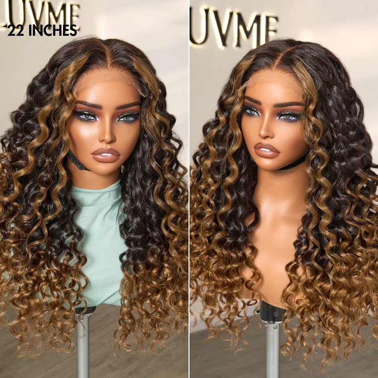 Fluffy Brown Ombre Highlights Water Wave Glueless 5x5 Closure HD Lace Long Curly Wig Breathable Cap-05