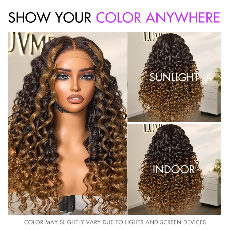 Fluffy Brown Ombre Highlights Water Wave Glueless 5x5 Closure HD Lace Long Curly Wig Breathable Cap-07