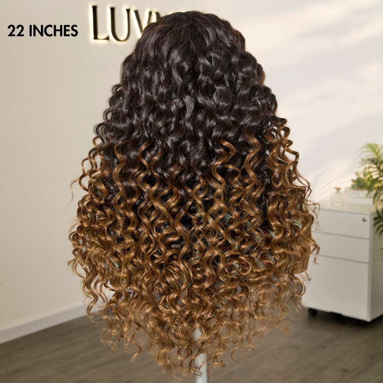 Fluffy Brown Ombre Highlights Water Wave Glueless 5x5 Closure HD Lace Long Curly Wig Breathable Cap-06