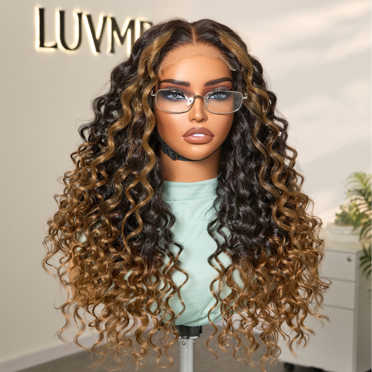 Fluffy Brown Ombre Highlights Water Wave Glueless 5x5 Closure HD Lace Long Curly Wig Breathable Cap-04