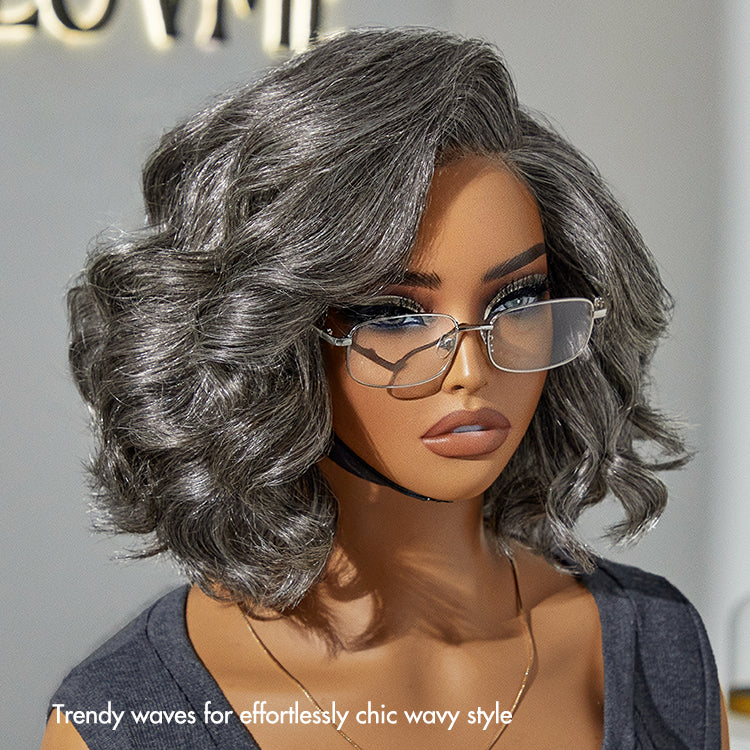 Elegant Salt & Pepper Grey Wig Loose Body Wave Glueless Minimalist Lace Short Wig Pre-Cut Lace-11
