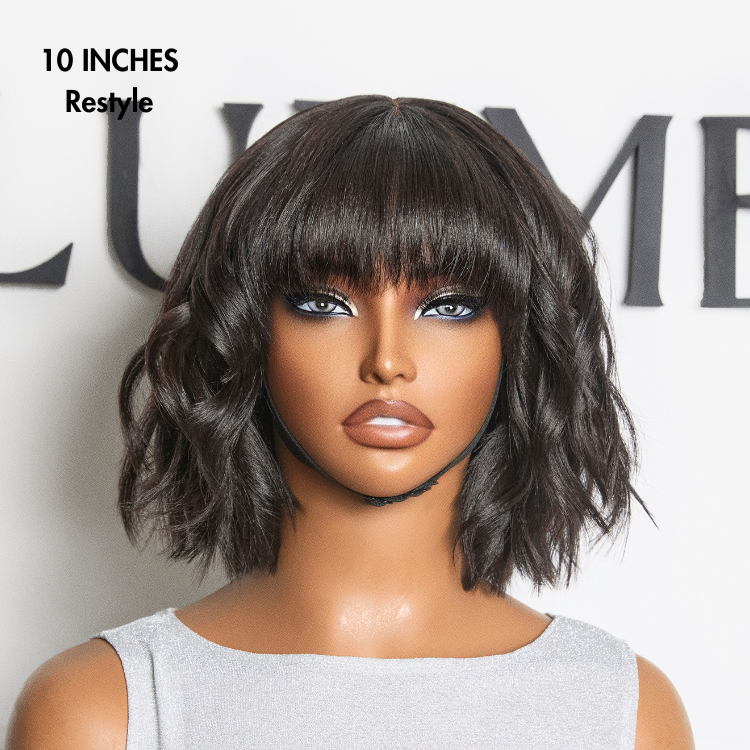 Luvme Put On and Go Ash Blonde, brown, and natural black layered lace bob wig with yaki straight texture and minimalist style.