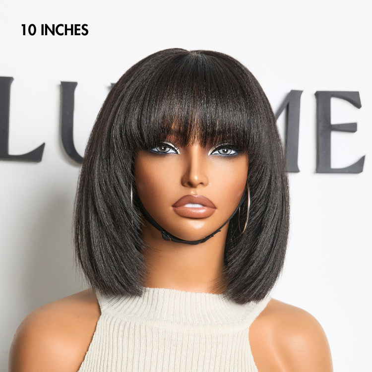 Exclusive Sale | Put On and Go Reddish Purple / Brown Highlight / Natural Black Layered Cut Yaki Straight Minimalist Lace Bob Wig with Bangs-11