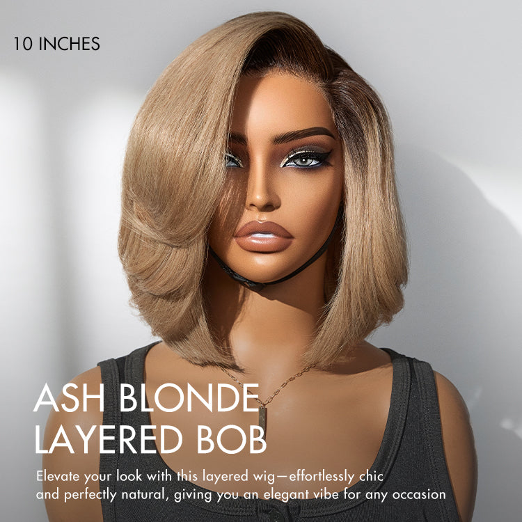 Ash Blonde Layered Bob Human Hair Wig Glueless Minimalist HD Lace Short Blonde Wig Pre-Cut Lace - US ONLY-06