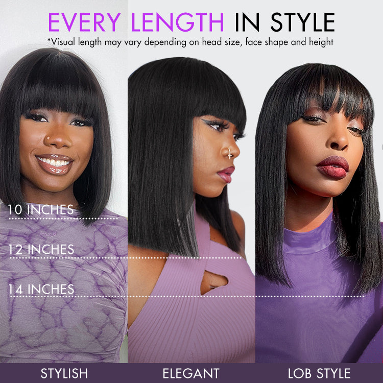 Weekly Special | Put On and Go Realistic Glueless Yaki Straight Bob with Bangs Minimalist Lace Wig 100% Human Hair-15