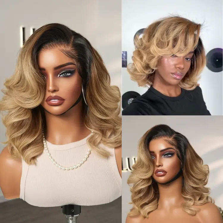 Luvme Hair PreMax wig with honey blonde highlights, natural black and ombre blonde, bouncy body wave, glueless 13x4 lace frontal.