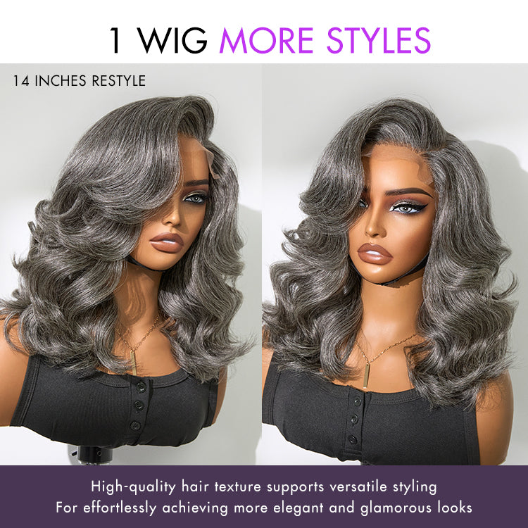 New Customers Only | Layered Blowout Salt and Pepper Glueless Grey Wig Minimalist HD Lace Shoulder Length Wavy Wig-09