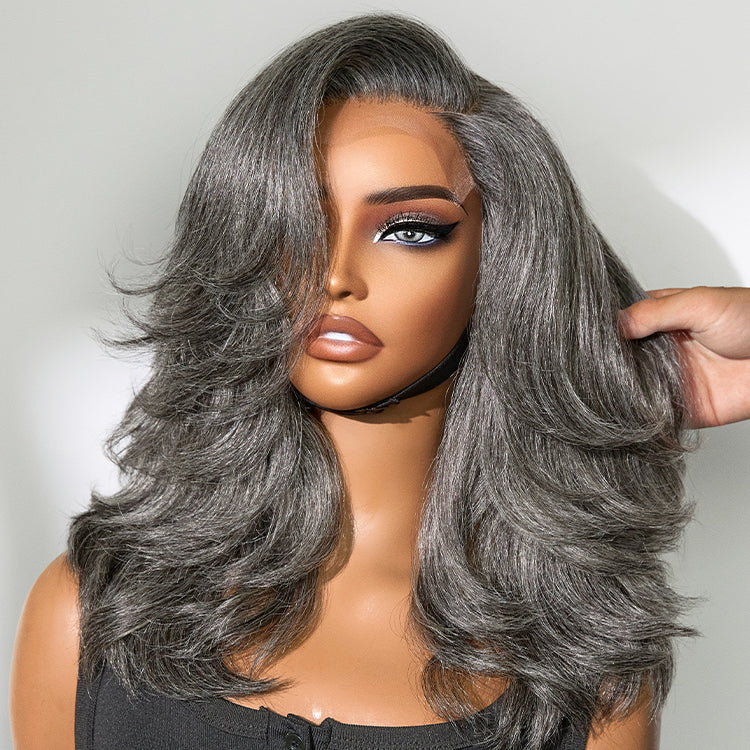 New Customers Only | Layered Blowout Salt and Pepper Glueless Grey Wig Minimalist HD Lace Shoulder Length Wavy Wig-10