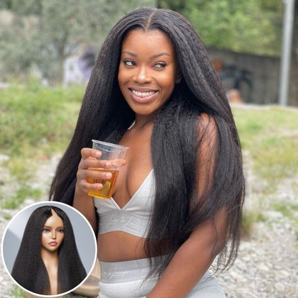 Luvme V Part wig in kinky straight, body wave, and curly styles, made of 100% human hair, showing the natural hairline and parting.