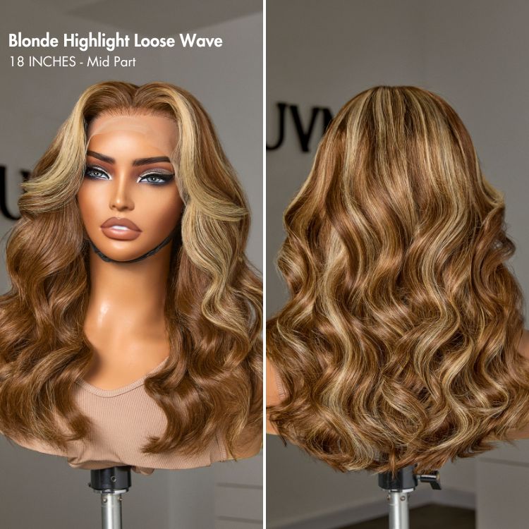 Honey Blonde Highlight Middle Part Bouncy Loose Wave Glueless 13x4 Frontal Lace Human Hair Wig-06