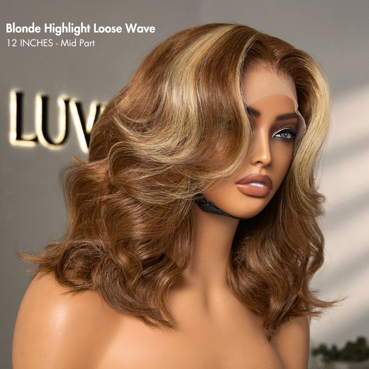 Honey Blonde Highlight Middle Part Bouncy Loose Wave Glueless 13x4 Frontal Lace Human Hair Wig-07