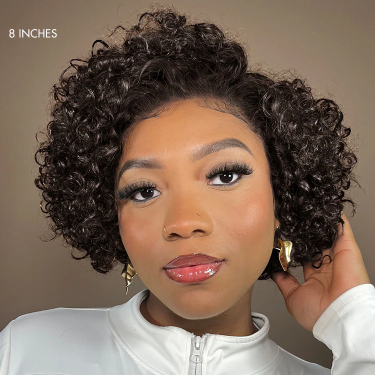 Luvme 8-inch curly HD lace wig and 10-inch yaki straight lace bob wig, both with minimalist pre-cut lace for natural look.