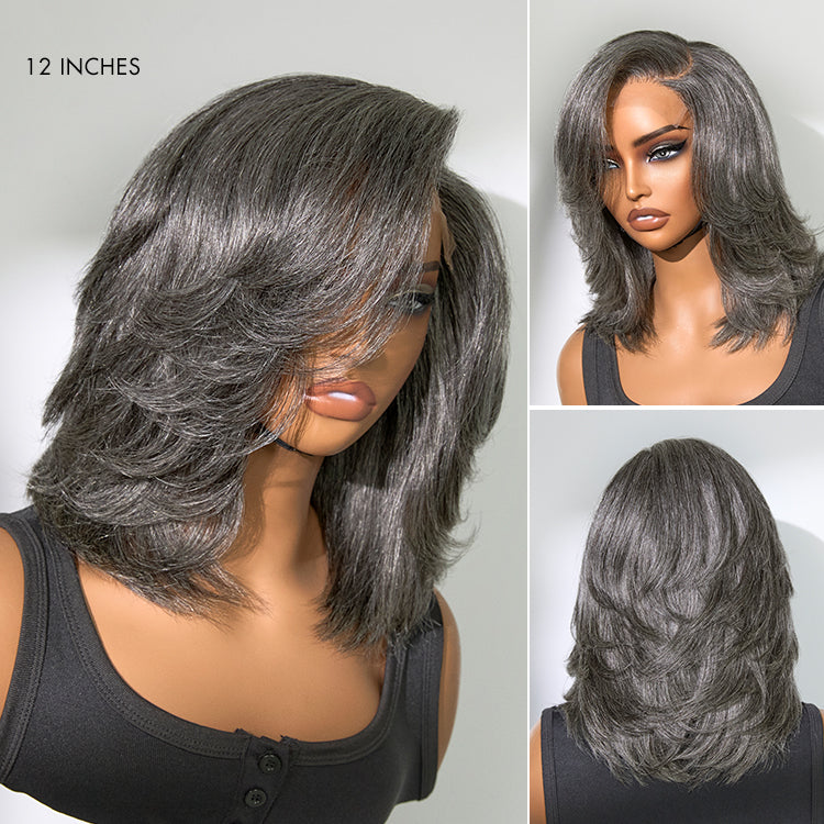 Layered Blowout Salt and Pepper Glueless Grey Wig Minimalist HD Lace Shoulder Length Wavy Wig-11