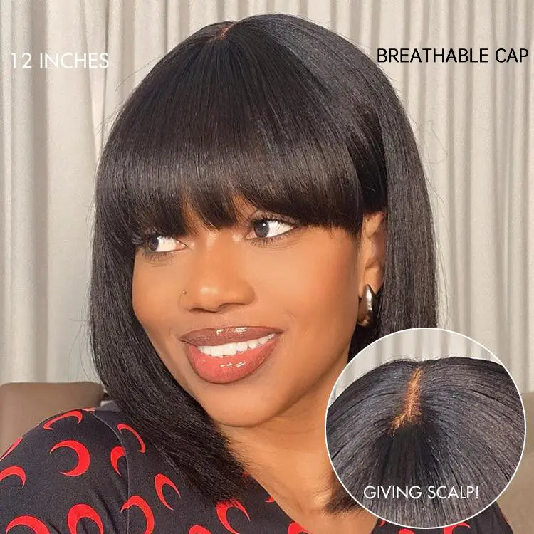 Put On and Go Ash Blonde Highlight / Brown Highlight / Natural Black Layered Cut Yaki Straight Minimalist Lace Bob Wig-17